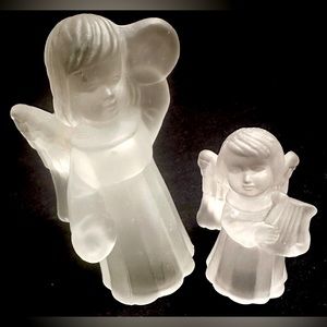 2 Vtg Frosted Glass Crystal Angel Candle Holders Musical Harp AngelTaper
